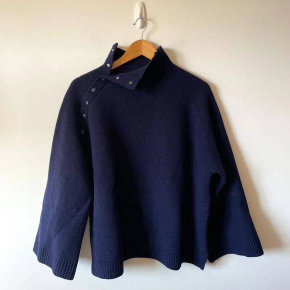 Zara  96% Merino Wool High Buttoned Collar Knit Sweater Navy Blue Size Medium - Picture 6 of 11
